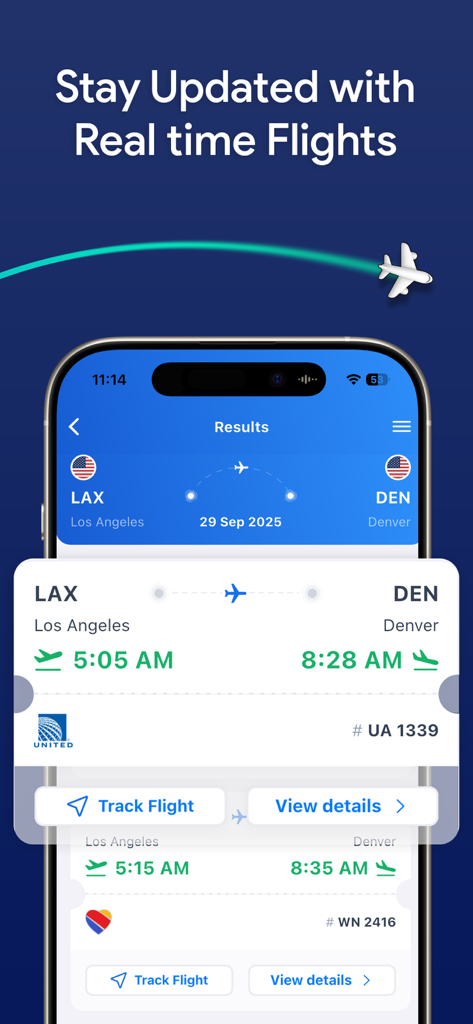 Flight Tracker · Live Radar 24 - Résultats de recherche de vols montrant le statut des itinéraires Los Angeles vers Denver