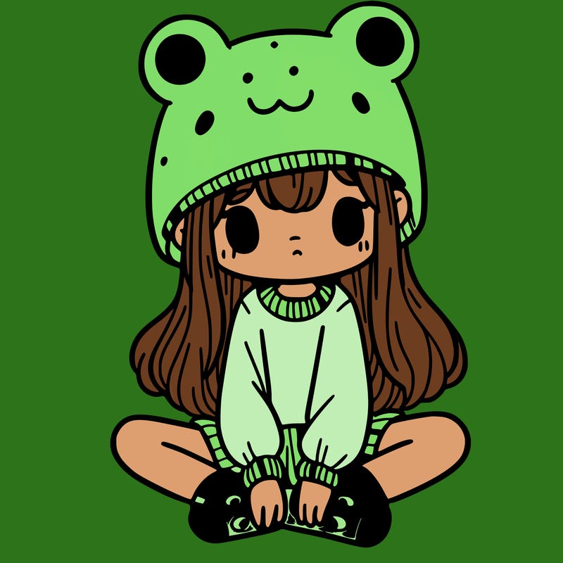 a girl wearing a frog hat and some frog socks