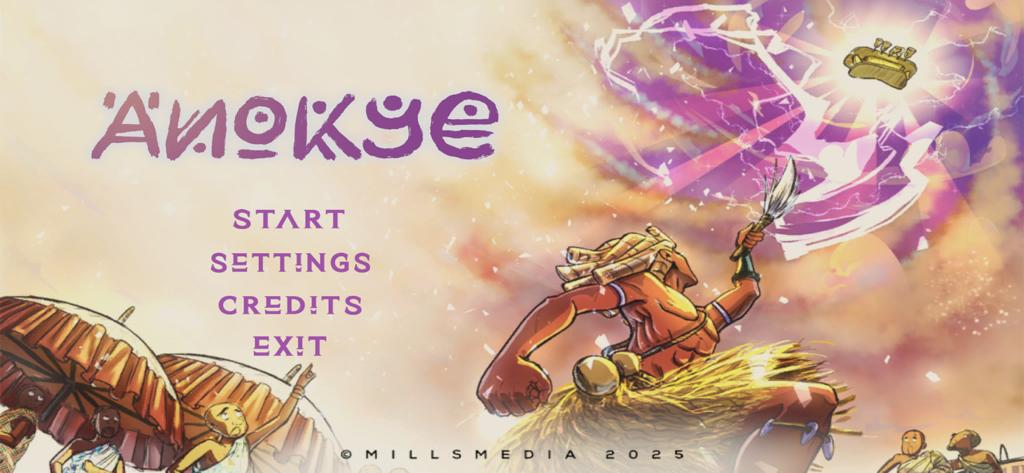 Anokye - Anokye mobile game main menu screen featuring Okomfo Anokye and the Golden Stool.