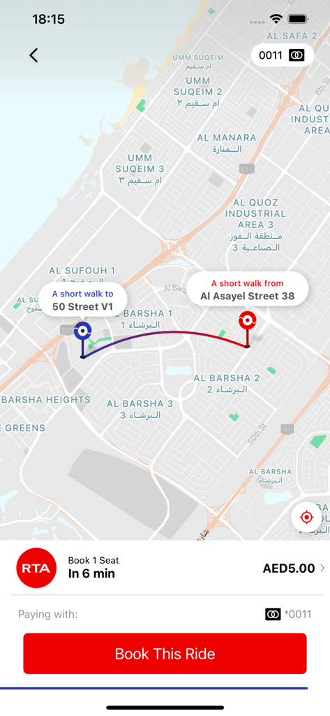 Dubai Bus on Demand - Dubai Bus on Demand app interface showing a map route and a book this ride button for five dirhams