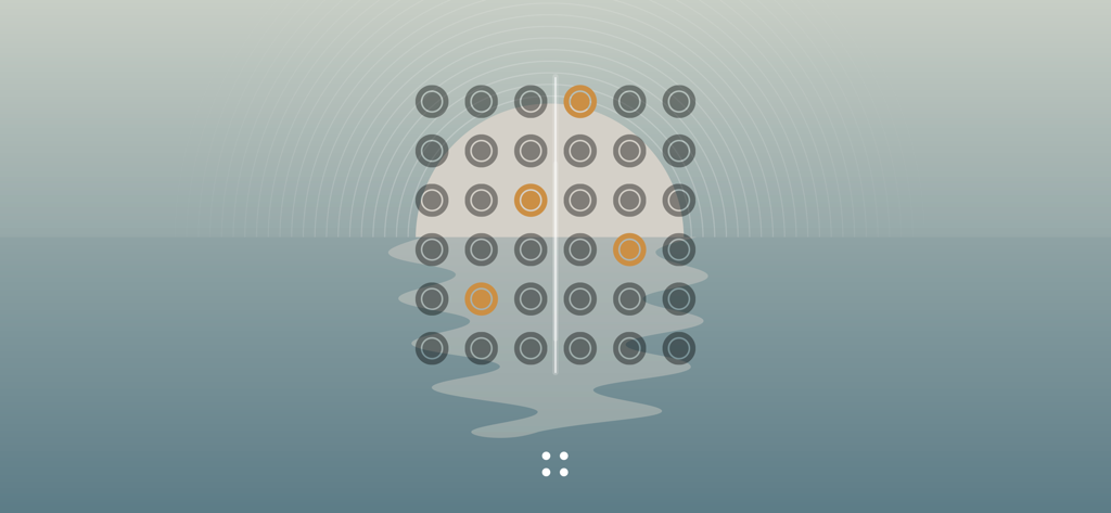 Harmony: Relaxing Music Puzzle - Minimalist symmetry puzzle grid with orange circles on a serene sunset landscape background