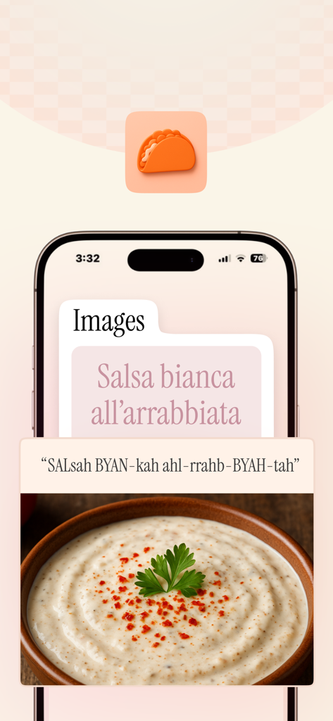 Dishlingo: Food Menu Decoder - Dishlingo app displaying the pronunciation and photo of a menu item.