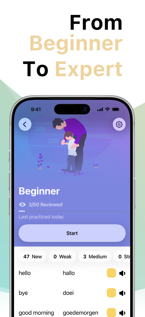 LENGOアプリで初級レベルの語彙と進捗状況を追跡するインターフェイスでオランダ語を学ぶ