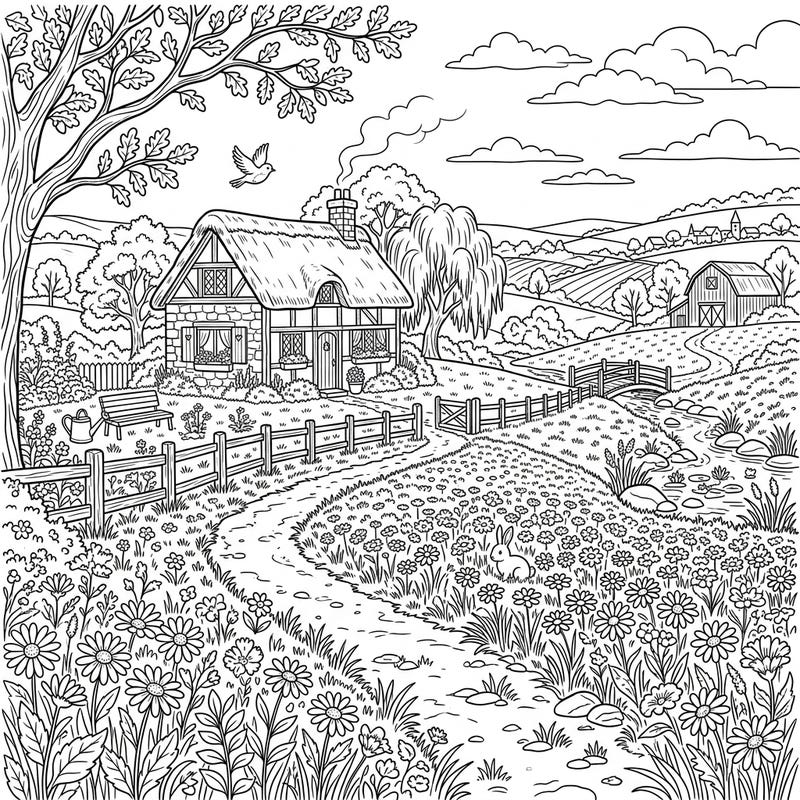 Step into a world of rustic beauty with this charming Cottagecore daisy field coloring page. Explore a serene landscape featuring a cozy cottage, blooming flowers, and gentle woodland creatures waiting for your creative touch.