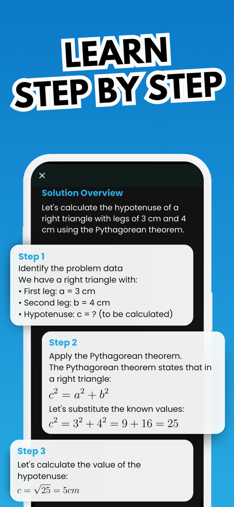 A smartphone screen showing a step-by-step geometry problem solution for the Pythagorean theorem