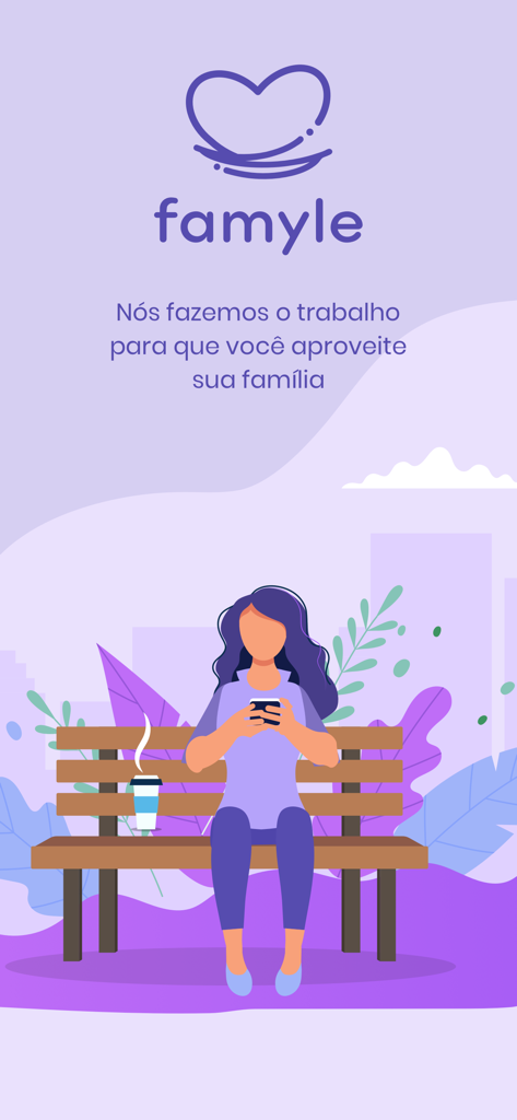 Famyle - Contrate para família - Famyle app splash screen showing a woman using her smartphone on a park bench with a purple theme