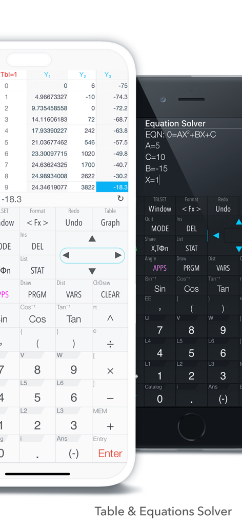 Graphing Calculator X84 App zeigt eine mathematische Datentabelle und einen quadratischen Gleichungslöser im hellen und dunklen Modus auf Mobilgeräten an.