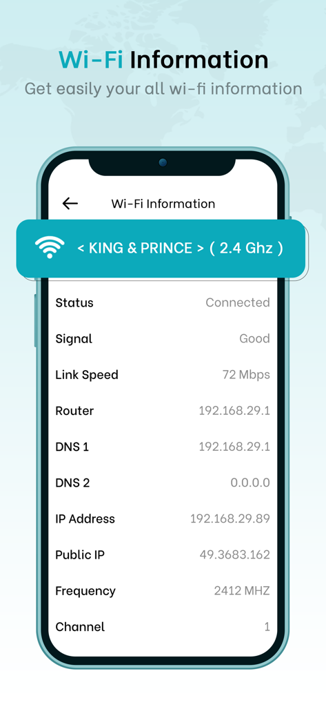 Router Admin Control - A mobile app interface displaying detailed Wi-Fi network information including signal strength link speed and IP address