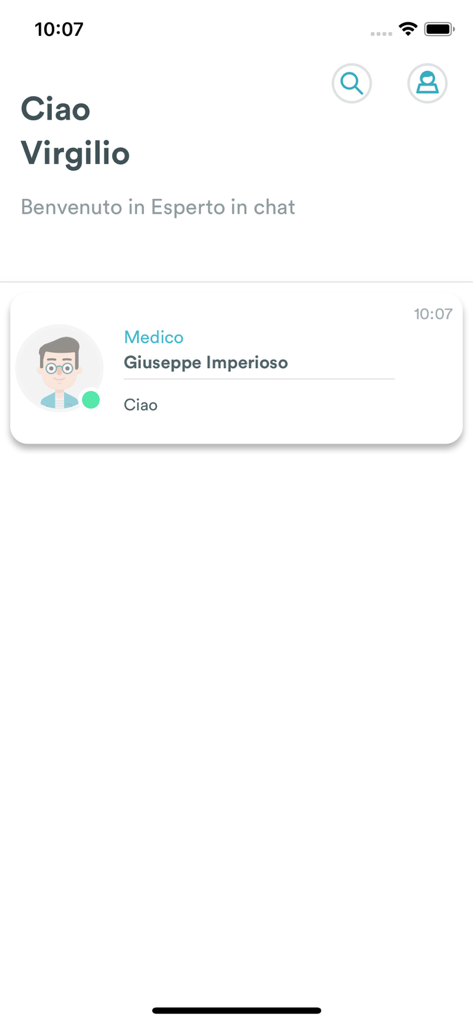 Esperto in Chat - Clienti - Pantalla de bienvenida de la aplicación Esperto in Chat que muestra un mensaje de chat de un médico.