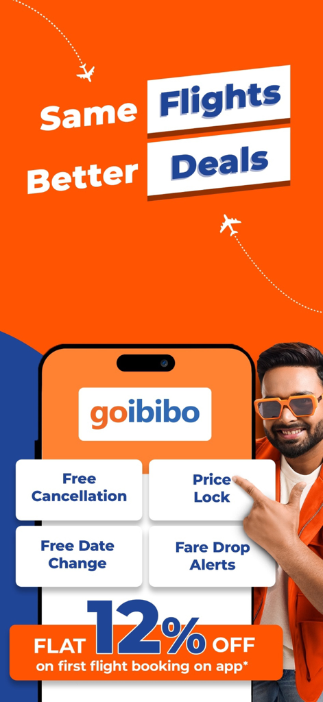 Goibibo App-Screenshot mit 12 % Rabatt auf die erste Flugbuchung und Funktionen wie kostenlose Stornierung und Preissperre