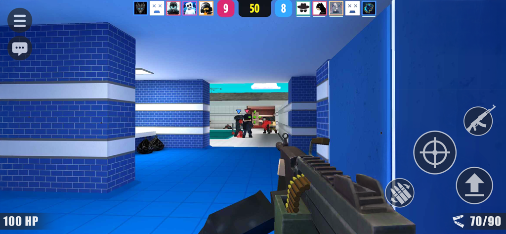 BLOCKFIELD: FPS Pixel Shooter - Perspectiva en primera persona de una partida de combate pixelada en un entorno pixelado