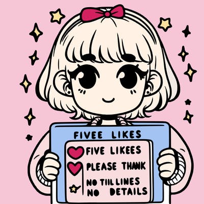 a girl is holding a sign saying five likes please thank you heart and star