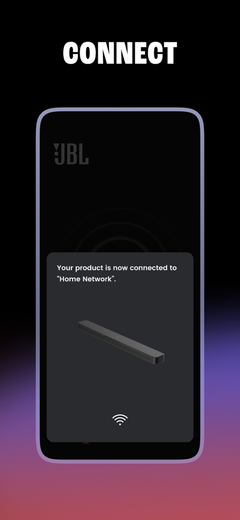 JBL One app screen showing a successful Wi-Fi connection for a soundbar