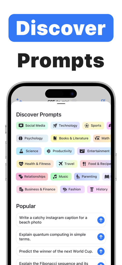 Ein mobiler App-Bildschirm mit dem Titel "Prompts entdecken", der verschiedene KI-Kategorien wie soziale Medien, Technologie und Sport mit beliebten Prompt-Beispielen zeigt.