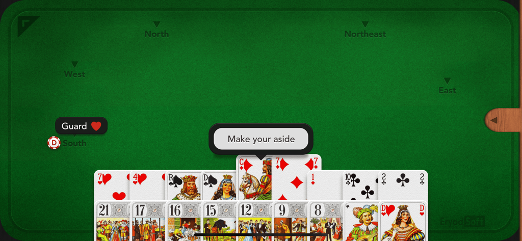 French Tarot - Partie de tarot français sur un appareil mobile montrant la main d'un joueur sur une table verte