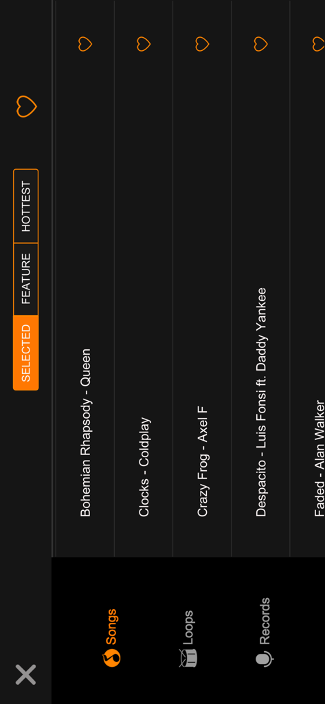 Song selection screen in X Drum app listing popular music tracks for practice