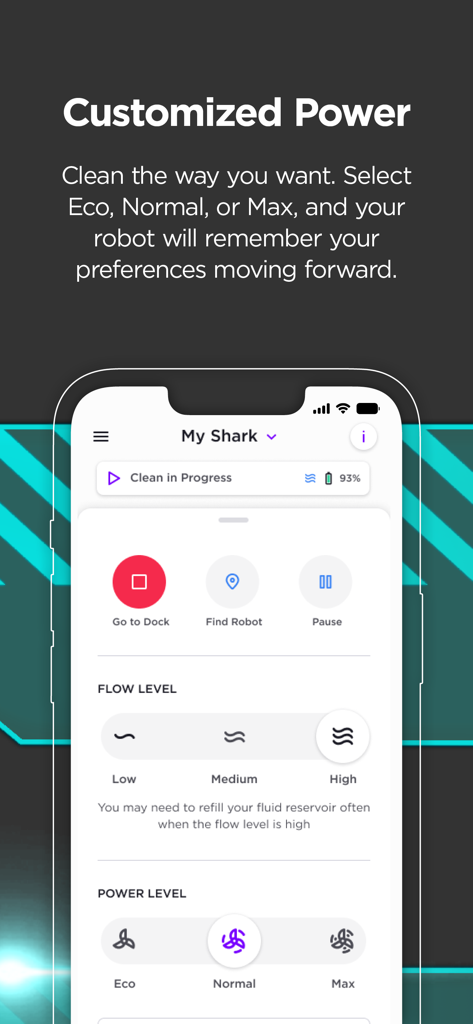 Schermata dell'app mobile SharkClean che mostra le impostazioni personalizzate di potenza e livello di flusso per un aspirapolvere robot