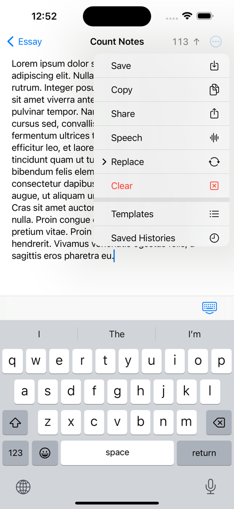 Word Count Notes, Word Counter - Writing an essay in the Word Count Notes app with the options menu open showing features like speech, templates, and history.