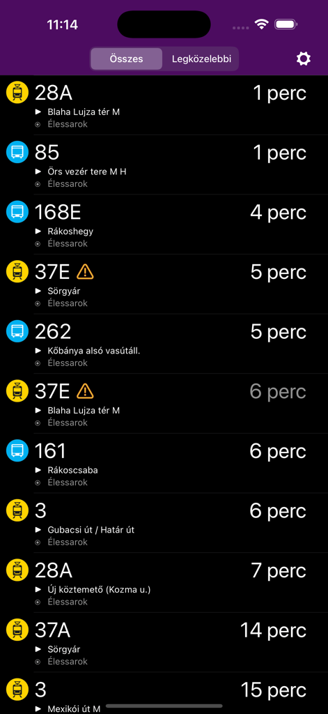 Holabusz - Lista en tiempo real de horarios de salida de autobuses y tranvías en Hungría mostrada en la interfaz de la aplicación Holabusz