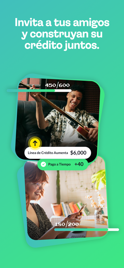 Mobile app screen showing a feature to invite friends and build credit together with rewards for on-time payments