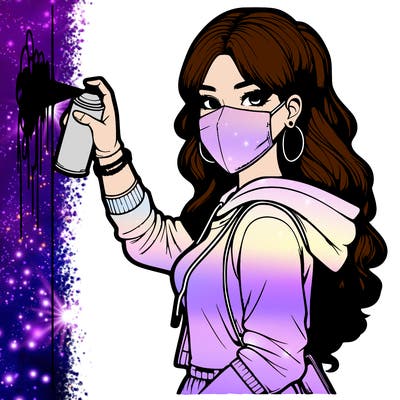 realistic girl with mask spray painting a wall