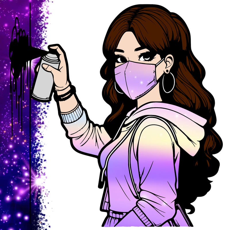 realistic girl with mask spray painting a wall