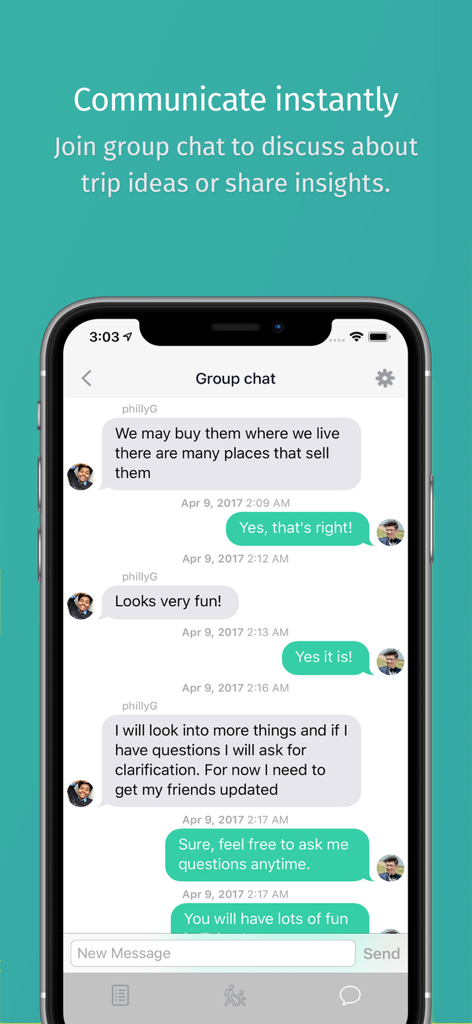 Screenshot of TripHugger app group chat interface for collaborative travel planning