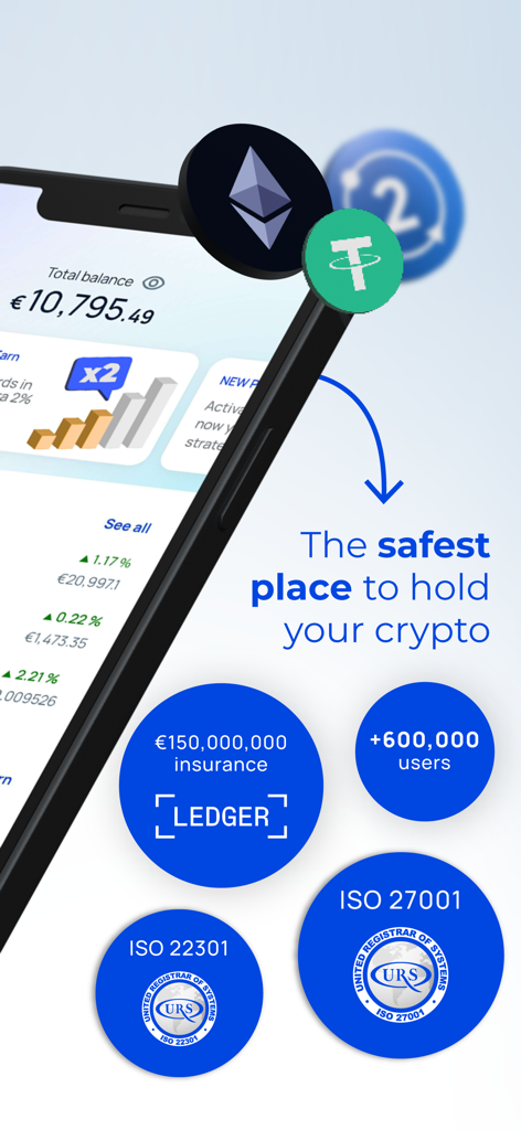 Interfaccia dell'app Bit2Me che mostra funzionalità di sicurezza tra cui assicurazione da 150 milioni di euro e certificazioni ISO.