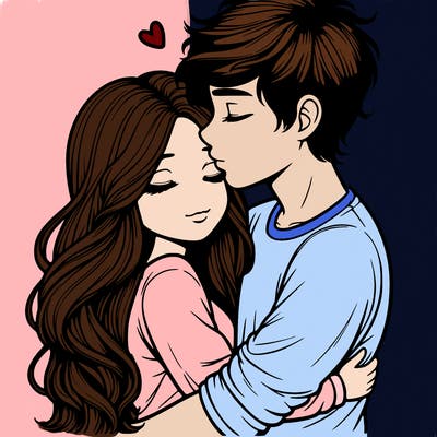 a realistic couple boy and girl hugging and kissing
