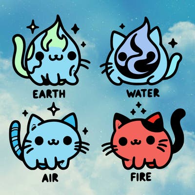 4 cats that represent the different elements, earth, water, air, and fire