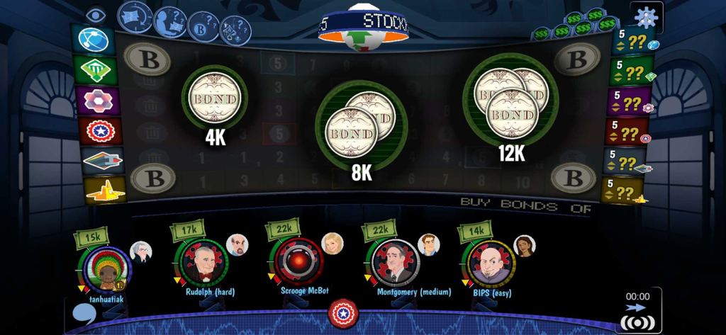 Stockpile Game - Tela do jogo de tabuleiro digital Jogo Stockpile mostrando a interface do módulo de investimento em títulos com avatares de jogadores