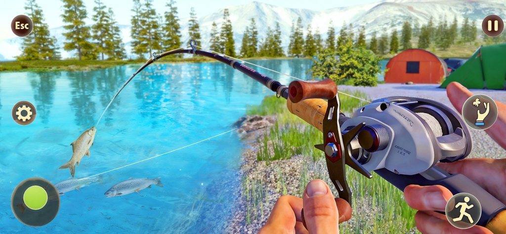 Ranch Farm Store Animal Sim 25 - Vista en primera persona de la pesca en un lago de montaña