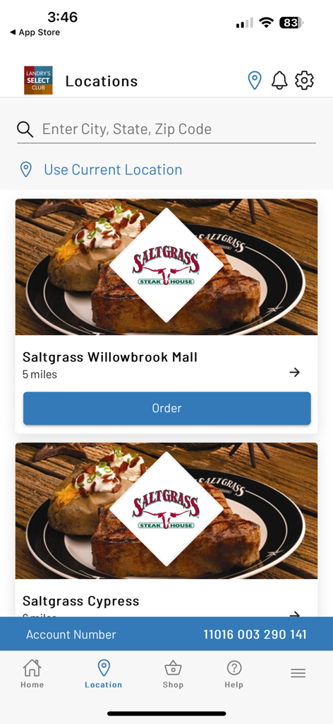 LSC - Screenshot dell'interfaccia delle località dell'app LSC che mostra gli elenchi di Saltgrass Steak House e una barra di ricerca per trovare ristoranti