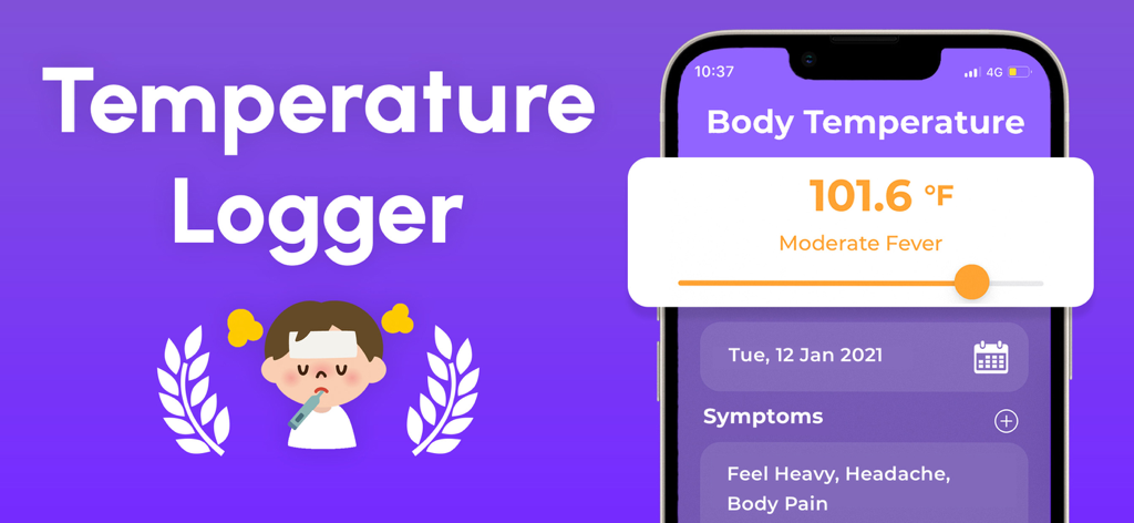 Body Temperature App - Smartphone screen showing the Body Temperature App interface with a moderate fever reading and logged symptoms