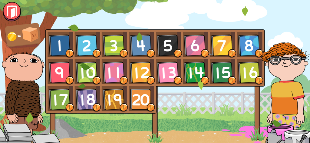 Alfie Atkins y un amigo de pie junto a una exhibición de fichas numeradas del 1 al 20 en un parque al aire libre