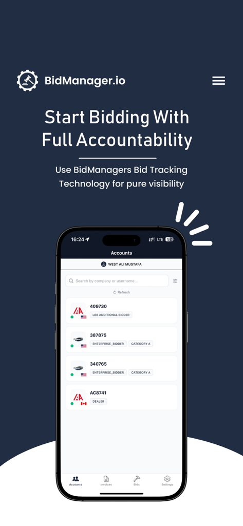 BidManager.io - O aplicativo móvel BidManager.io exibe um painel com uma lista de contas de leilão de veículos para rastreamento de atividade e responsabilidade.