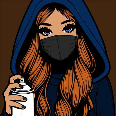 girl wearing a mask with long hair with her hood up spray-painting realistic