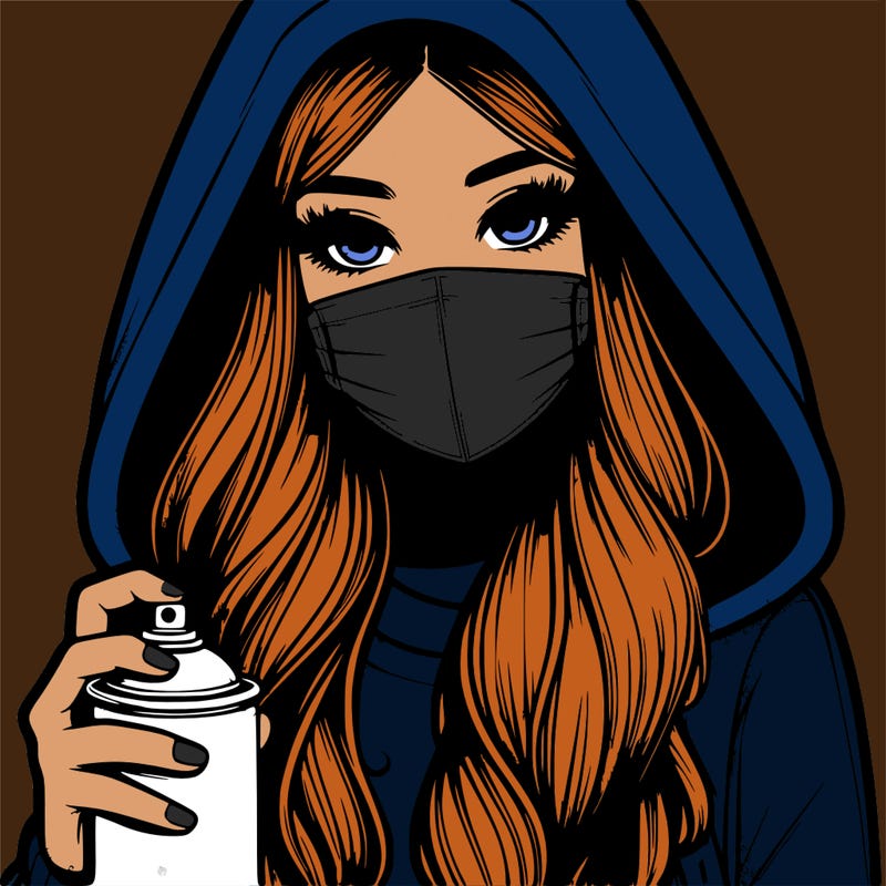 girl wearing a mask with long hair with her hood up spray-painting realistic