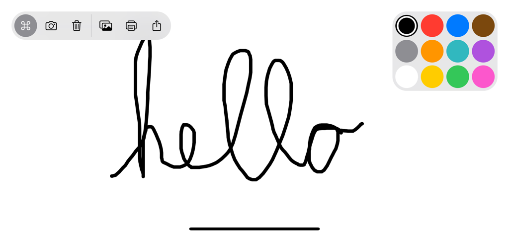 Digital whiteboard interface showing the word hello drawn in black with a color palette