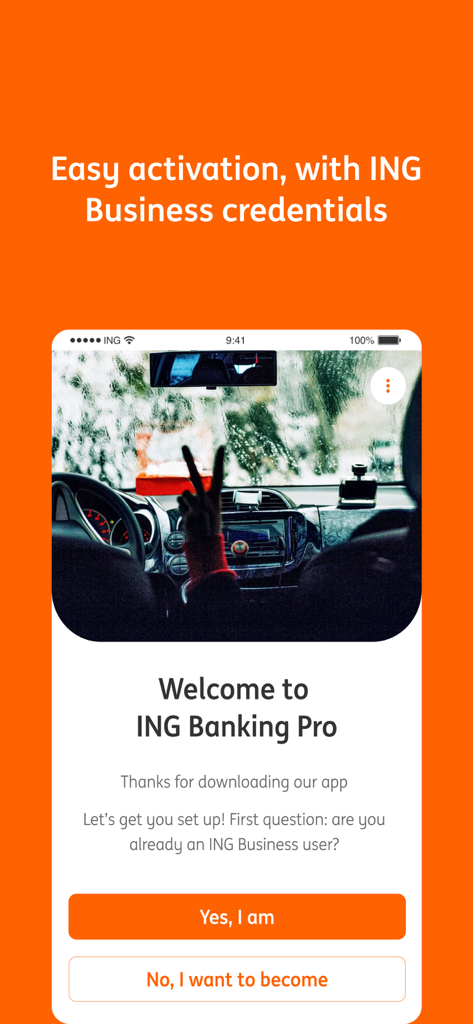 Pantalla de bienvenida de la aplicación móvil ING Business Pro que muestra el proceso de activación sencillo