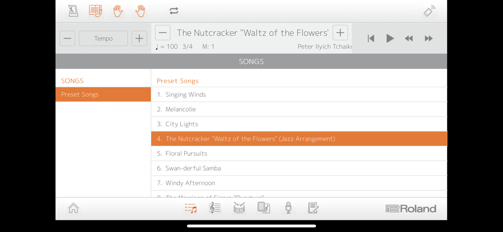 Interface of the Piano Partner 2 app displaying a library of preset songs for Roland digital pianos.