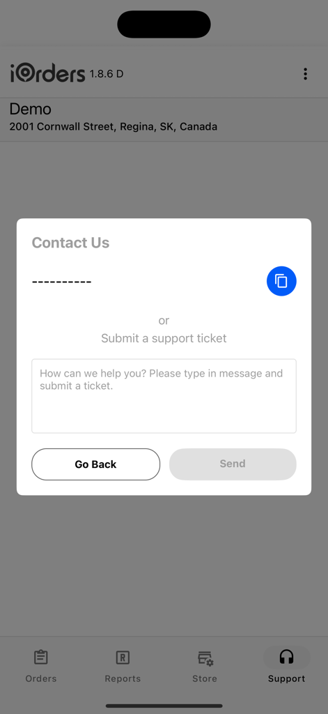 iOrders Restaurant Admin - iOrders Restaurant Admin contact us and support ticket interface