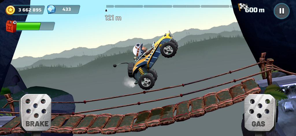 Mountain Climb Jump - A buggy racing across a wooden suspension bridge in the Mountain Climb Jump mobile game