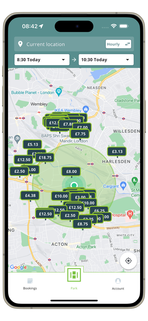 Horizon Spaces - Mobile screen showing the Horizon Spaces app map with multiple parking locations and prices in London