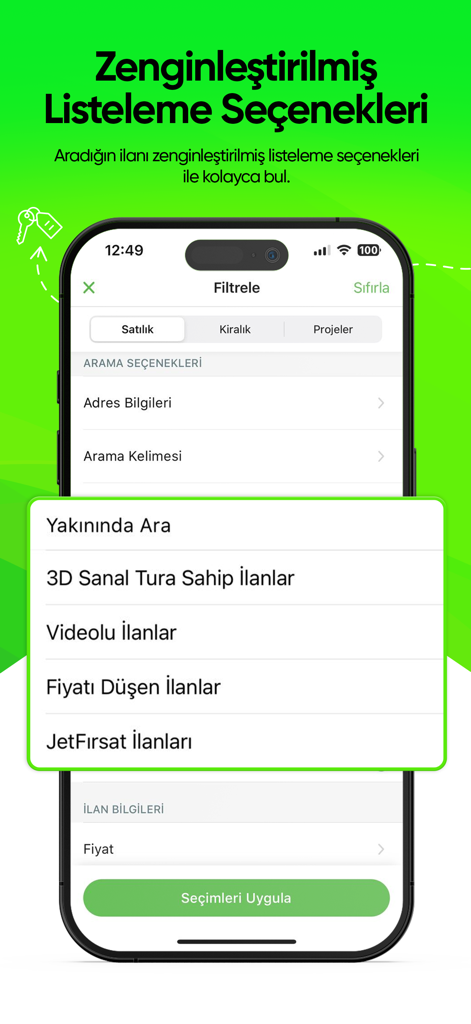 Emlakjet: Emlak Ara & İlan Ver - Emlakjet mobile app interface showing advanced search filters for properties including 3D virtual tours and price drops.