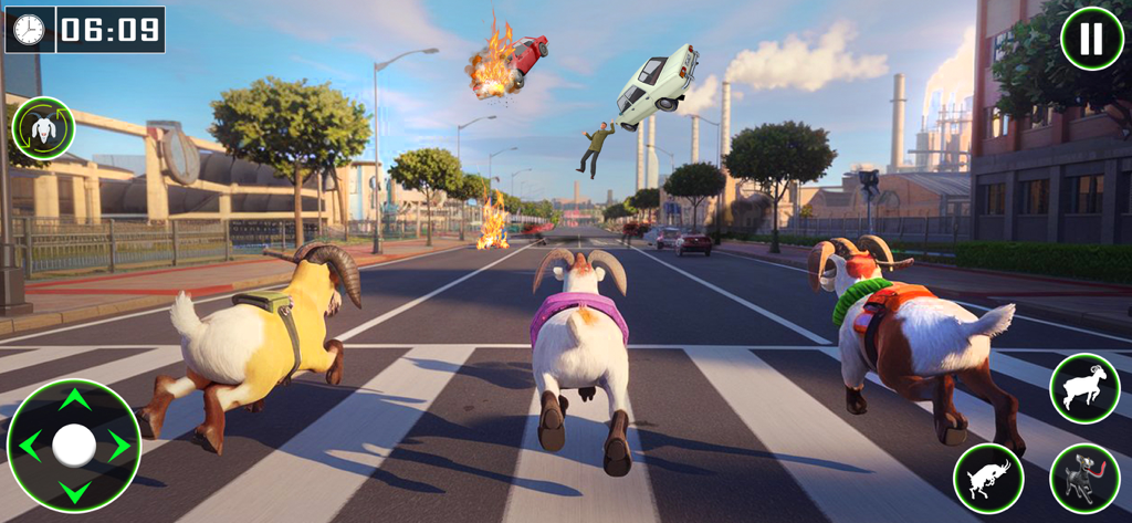Angry Goat Simulator Game 3D - Three goats running on a city street with flying cars and explosions in Angry Goat Simulator Game 3D