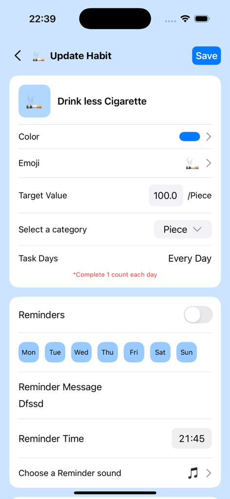 Habitify: Goals Tracker - Habitifyアプリの特定の習慣を更新するための画面。カスタマイズオプションとリマインダー設定が表示されています