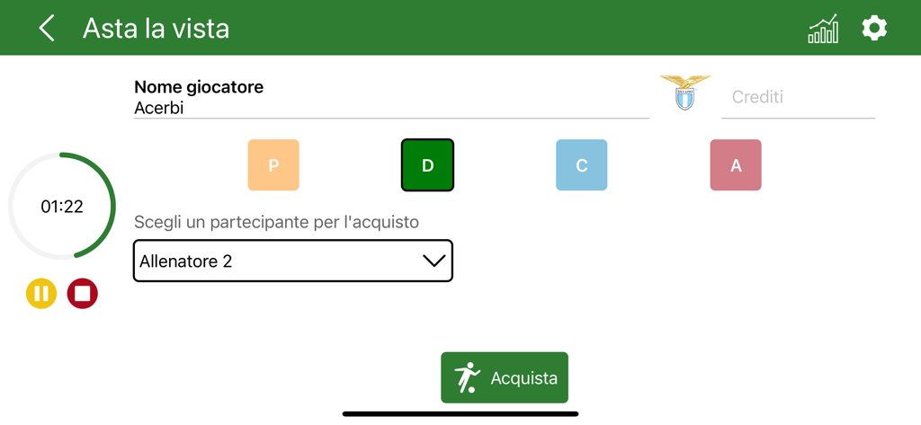 Fanta Aste - Fanta Aste app dashboard for managing live Serie A fantasy soccer auctions with a player timer and purchase tools