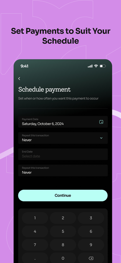 Interface of the Bank78 app showing the schedule payment screen to set dates and frequency for transactions