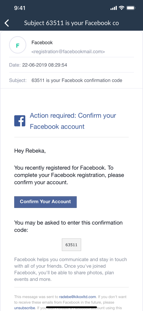 Temp Mail - anonymous email - Facebook confirmation email received in the Temp Mail anonymous email app